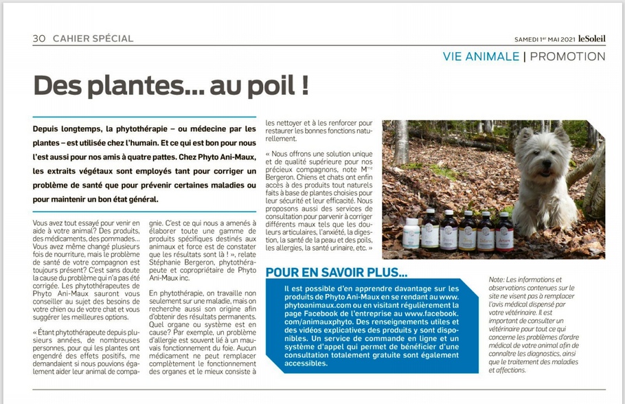 Publication in the newspaper Le Soleil - Animal life